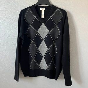 New Men's Black Dockers Long Sleeve V-Neck Argyle Sweater, L